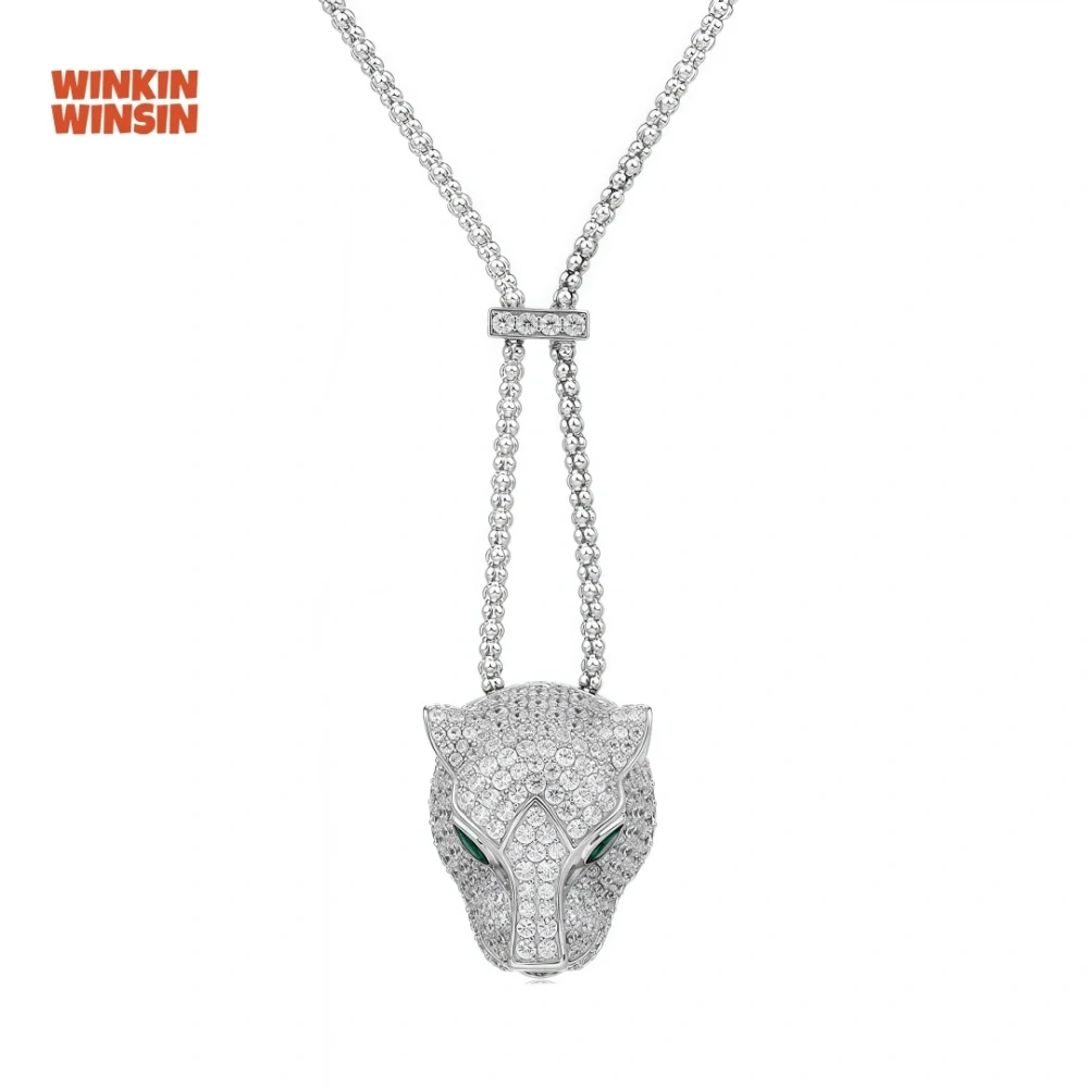 WINKIN WINSIN Brand MST High Carbon Diamond Cheetah Leopard Face Drop Pendant Necklaces 925 Sterling Silver Necklaces Jewelry