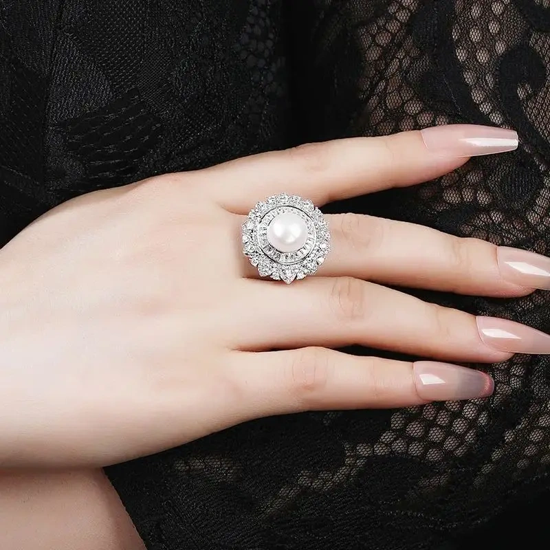 WINKIN WINSIN Brand MST 925 Sterling Silver Natural Pearl Open Ring Lab Grown High Carbon Diamond Rings Jewelry