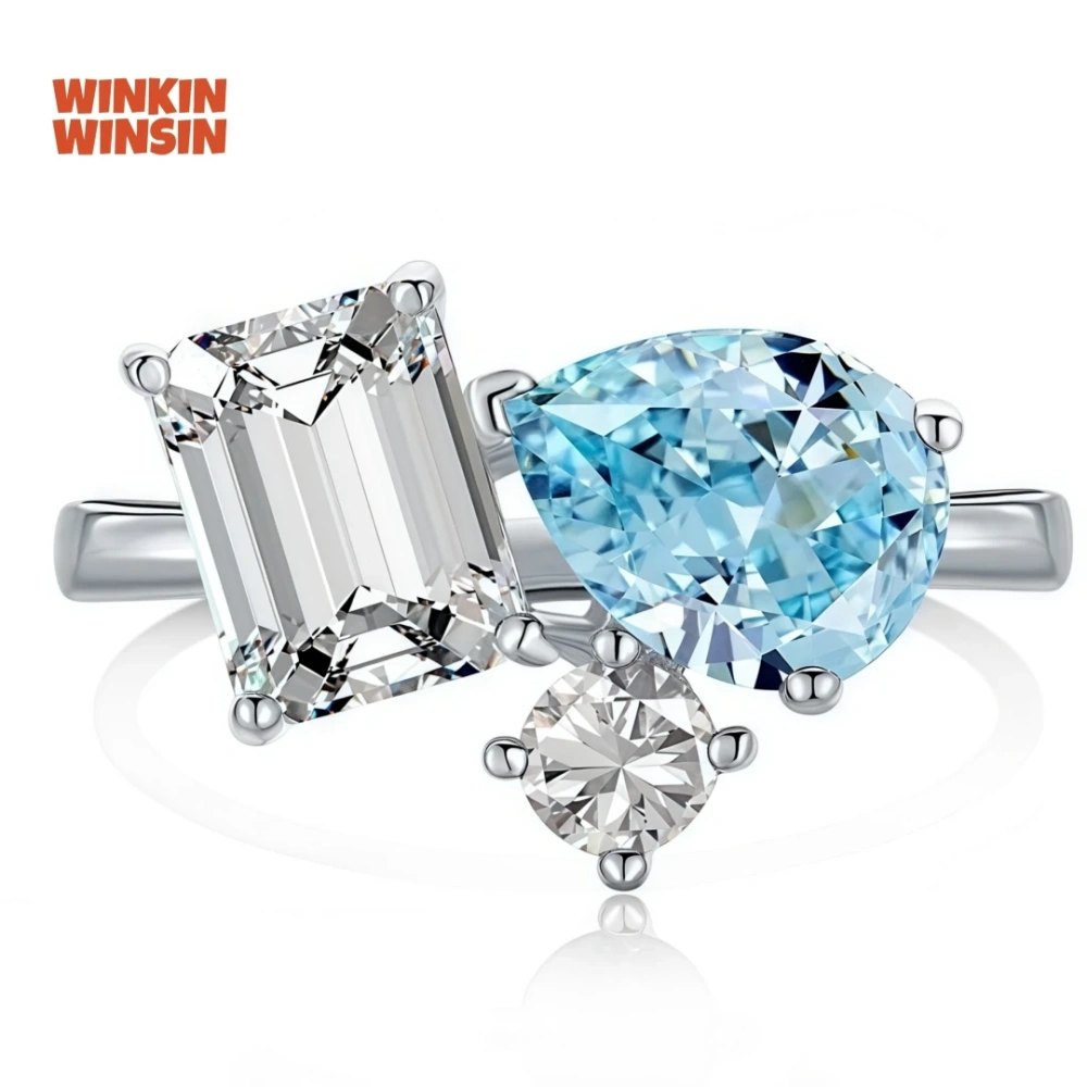 WINKIN WINSIN Brand MST 925 Sterling Silver Double Tone Artificial Gemstone High Carbon Diamond Water Droplet Ring Jewelry