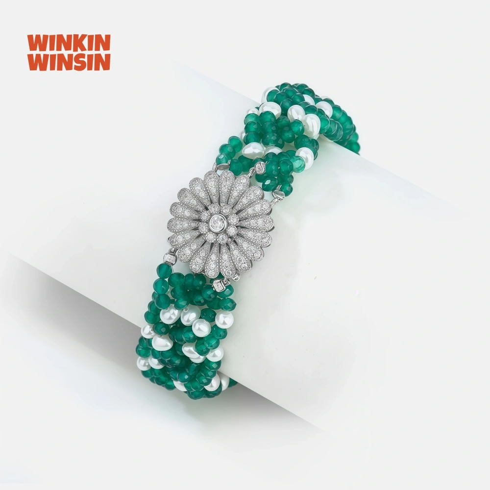 WINKIN WINSIN Brand Designer S925 Pure Silver Green Agate Bracelet 28.6g Certificate Natural Pearl Bracelet Jewellery