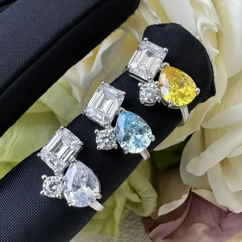 WINKIN WINSIN Brand MST 925 Sterling Silver Double Tone Artificial Gemstone High Carbon Diamond Water Droplet Ring Jewelry