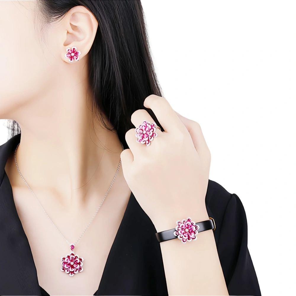 WINKIN WINSIN Brand Real 925 Sterling Silver Jewelry Set Red Gemstones Pendant Necklace Rings Bangle Bracelets Stud Earrings