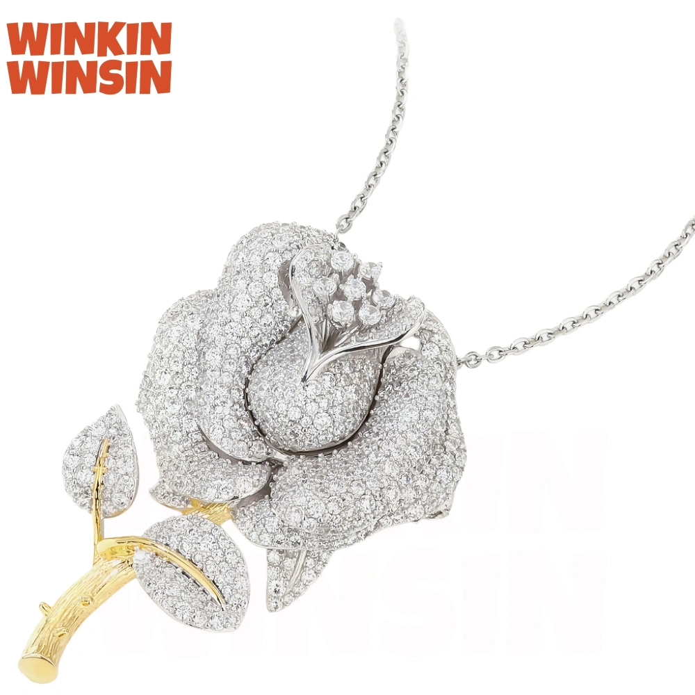WinkinWinsin Rare 3D Craft 925 Sterling Silver Necklace For Women Girls Rose Flower Pendant With Brooch 24K Gold Plated Jewelry