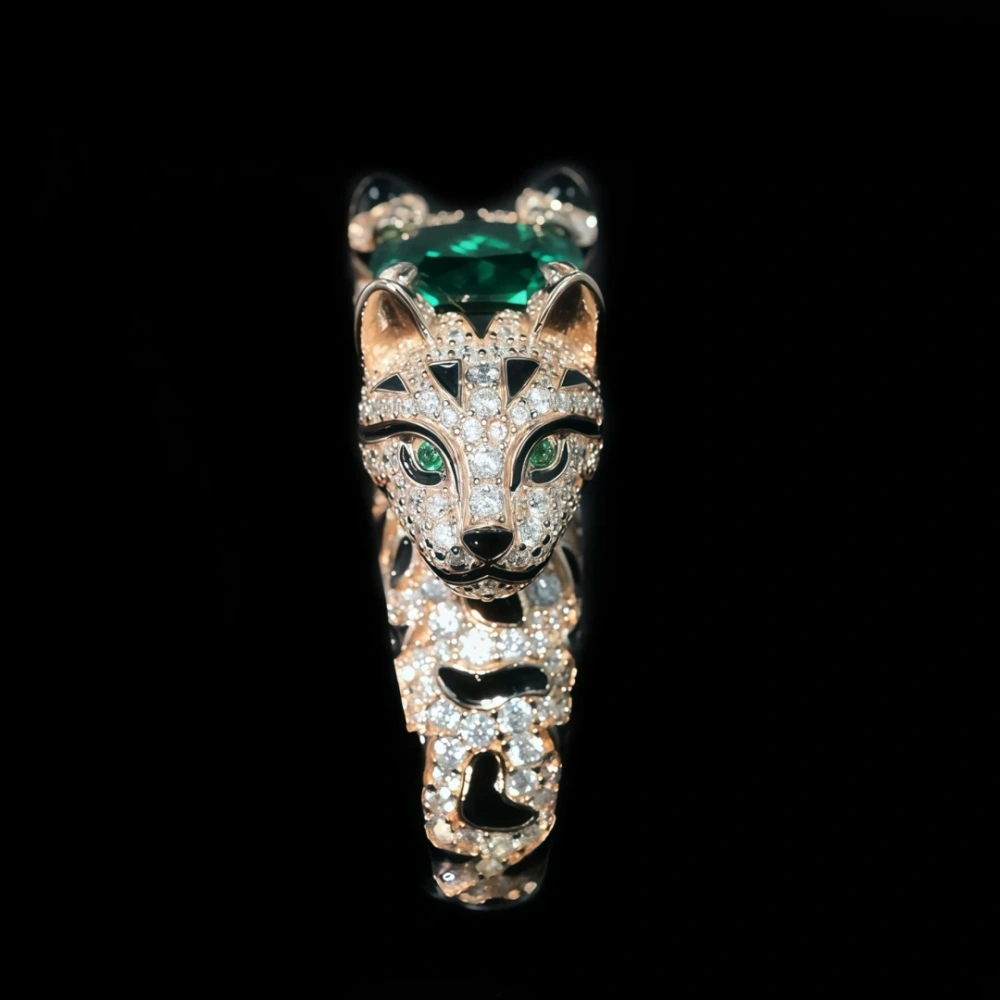 WINKIN WINSIN Brand 925 Sterling Silver Gold Plated Ring with High Carbon Diamond Double Headed Leopard Cat Wood Sasa Green Ring