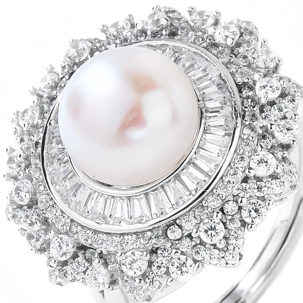 WINKIN WINSIN Brand MST 925 Sterling Silver Natural Pearl Open Ring Lab Grown High Carbon Diamond Rings Jewelry