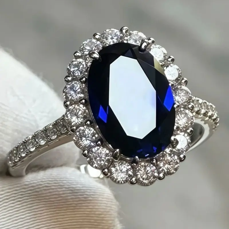 WINKIN WINSIN Brand MST 925 Sterling Silver Lab Grown Gemstones 4.4 Carat Elliptical Artificial Sapphire Diamond Rings Jewelry