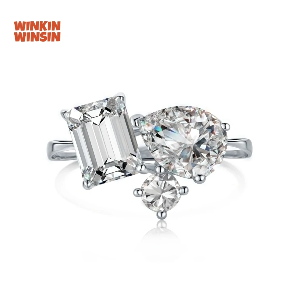 WINKIN WINSIN Brand MST 925 Sterling Silver Double Tone Artificial Gemstone High Carbon Diamond Water Droplet Ring Jewelry