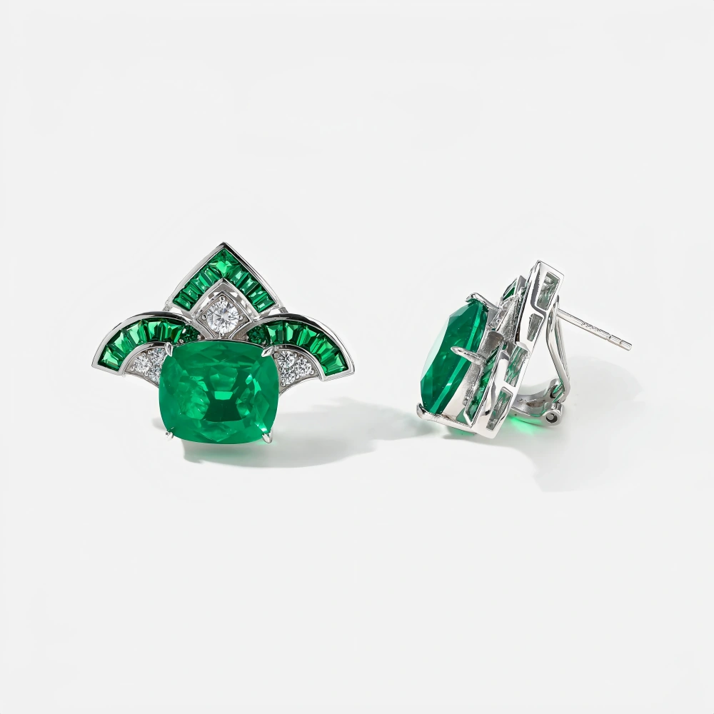 WINKIN WINSIN Brand MST Sterling Silver Fan Shaped Emerald Earring Lab Grown Gemstones High Carbon Diamond Stud Earrings Jewelry