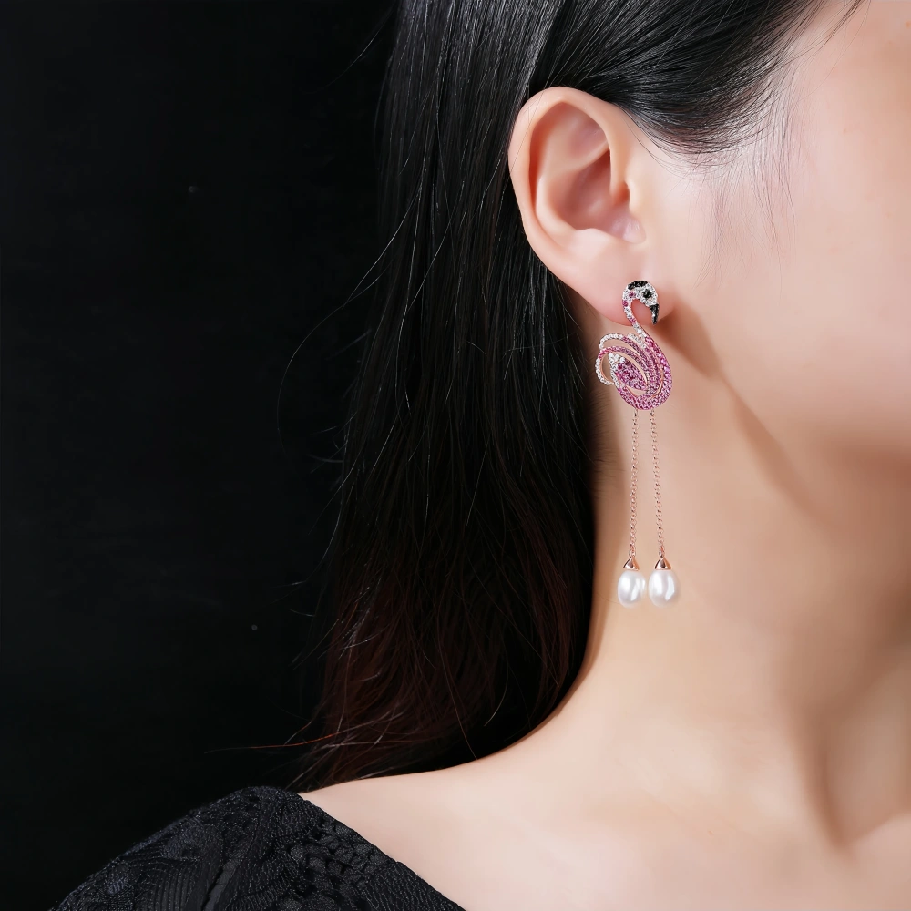 Winkin Winsin Brand MST 925 Sterling Silver Flamingo Natural Freshwater Pearl Tassel Stud Drop Earrings For Women Fine Jewelry