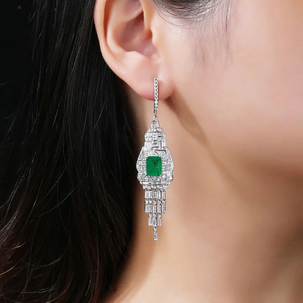 Winkin Winsin Brand MST 925 Sterling Silver Tassel Stud Drop Earrings For Women Emerald Gemstones Pendant Earrings Jewelry