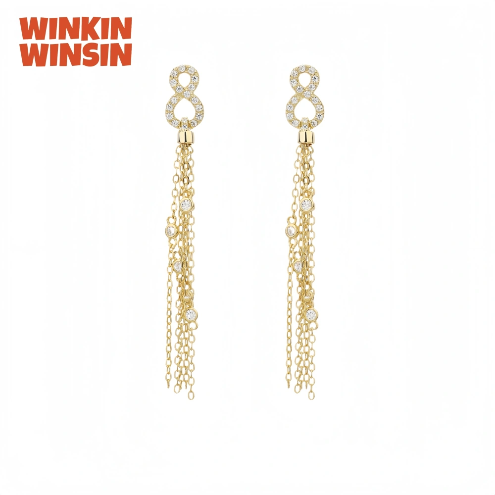 Winkin Winsin Brand MST 18k Gold Plated 925 Sterling Silver Number 8 Tassel Stud Drop Earrings For Women Fine Jewelry