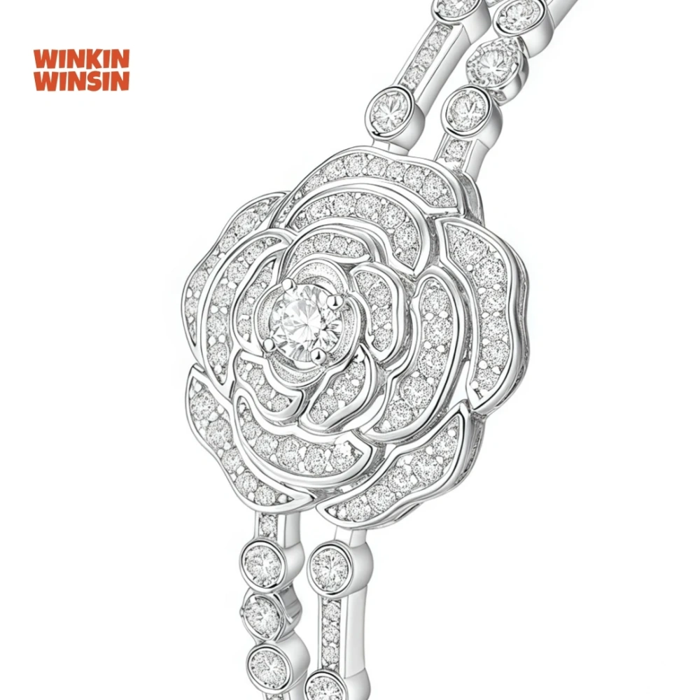 WINKIN WINSIN Brand MST 925 Sterling Silver Bracelet High Carbon Diamond Camellia Party Bangle Bracelet Jewelry
