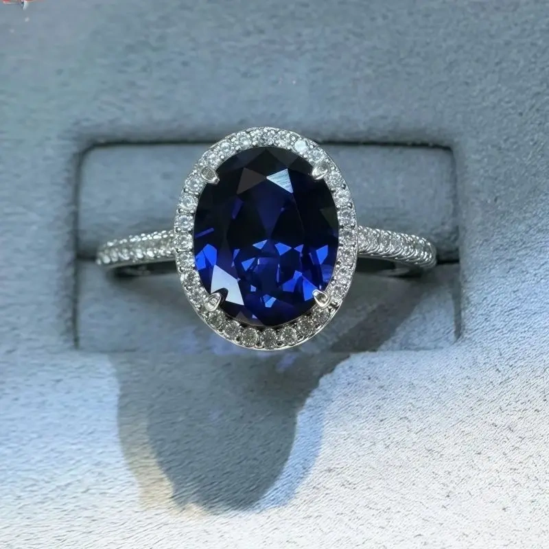 WINKIN WINSIN Brand 925 Sterling Silver Ring with High Carbon Diamond 3ct Pigeon Egg Shaped Synthetic Sapphire Rings Jewelry