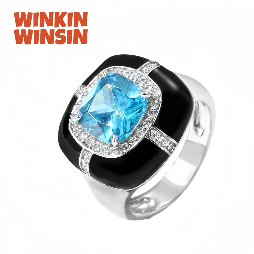 WINKIN WINSIN Brand MST Luxury 925 Sterling Silver Enamel Sapphire Square Rings For Women Girls Gemstones Ring Fine Jewelry