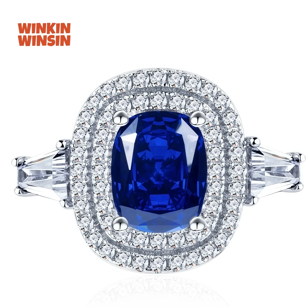 WINKIN WINSIN Brand 925 Sterling Silver Ring with Lab Grown Gemstones 1.4ct Pigeon Egg Shaped Synthetic Sapphire Rings Jewelry