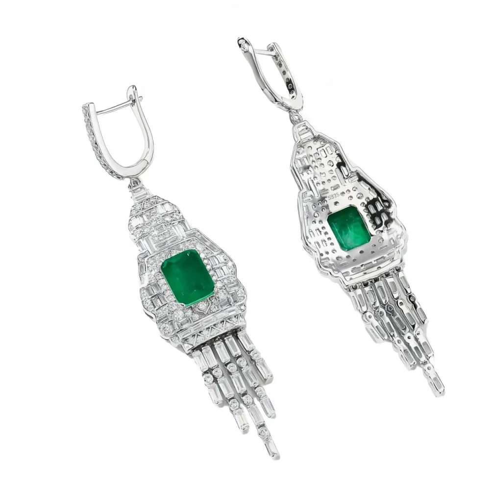 Winkin Winsin Brand MST 925 Sterling Silver Tassel Stud Drop Earrings For Women Emerald Gemstones Pendant Earrings Jewelry