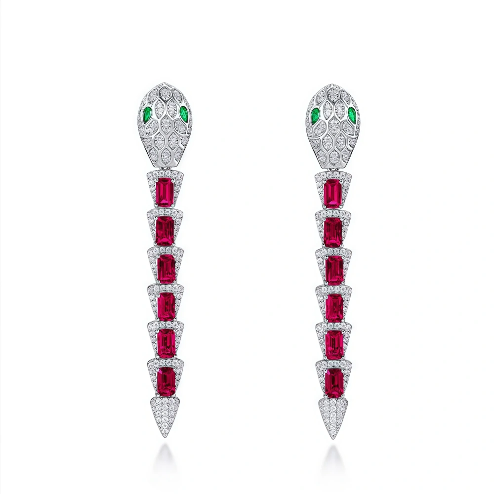 Winkin Winsin Lab Grown Emerald Ruby Gemstones Snake Earrings 925 Sterling Silver Tassel Stud Drop Earrings For Women Jewelry