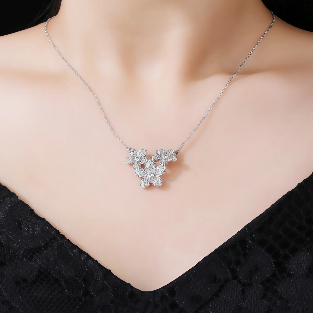 WinkinWinsin Brand Women 925 Sterling Silver Pendant Three Flowers Necklace Cute Cat High Carbon Diamond Pendants Necklaces