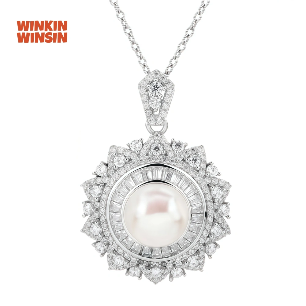 WINKIN WINSIN Brand Natural Freshwater Pearl 925 Sterling Silver Plated With Platinum And High Carbon Diamond Necklace Jewelry
