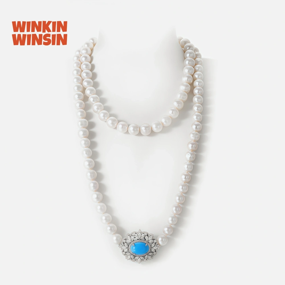 WINKIN WINSIN Brand S925 Pearl Necklace High Grade Electroplated Gold Plated High Carbon Diamond Blue Turquoise Necklace