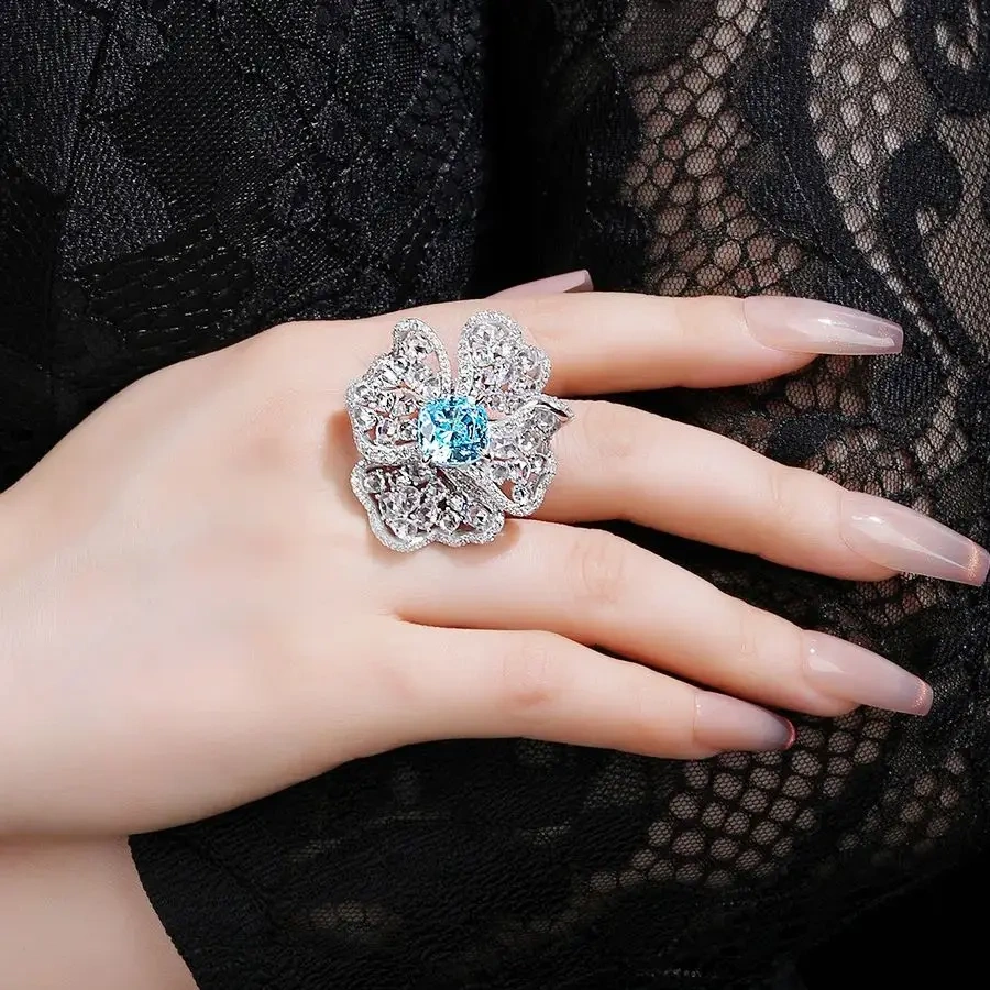 WINKIN WINSIN Brand MST 925 Sterling Silver Rose Petal Rings with High Carbon Diamond Blue Sapphire Rings Jewelry