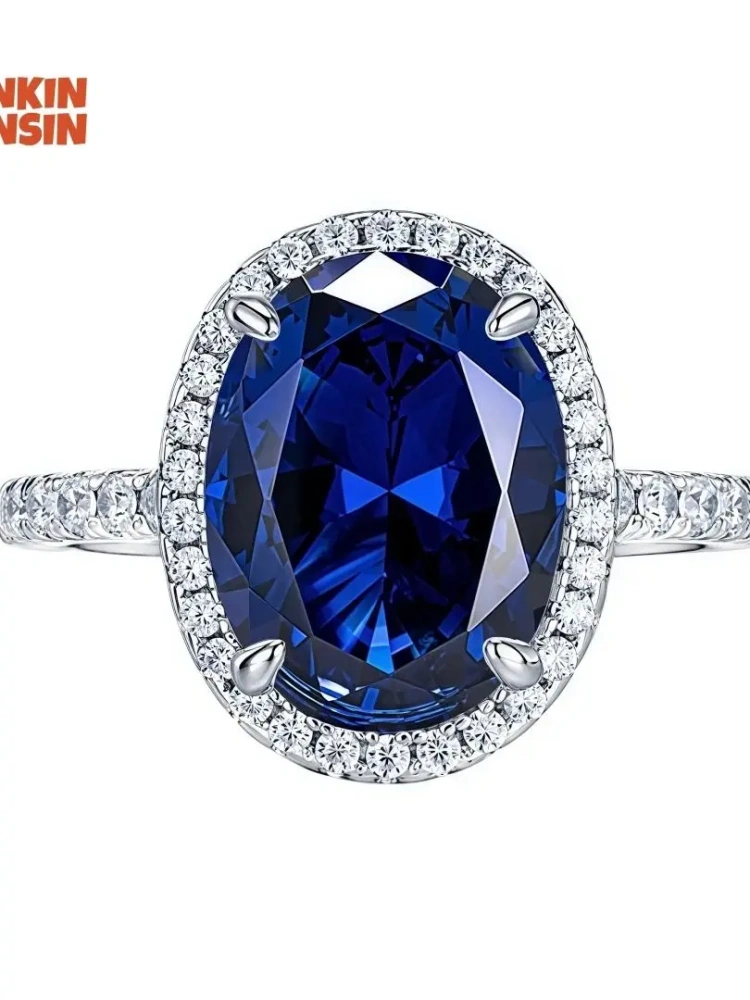 WINKIN WINSIN Brand 925 Sterling Silver Ring with High Carbon Diamond 3ct Pigeon Egg Shaped Synthetic Sapphire Rings Jewelry