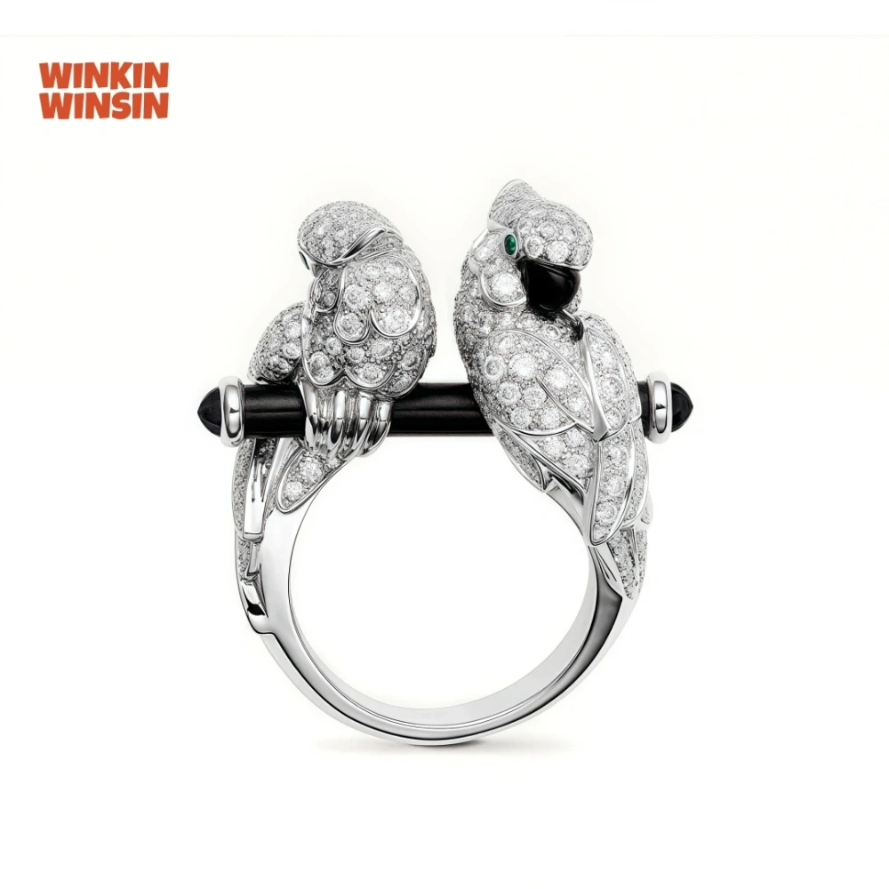 WINKIN WINSIN Brand MST 925 Sterling Silver Double Headed Parrot Enamel Luxury Ring For Women High Quality Zircon Gemstones Ring