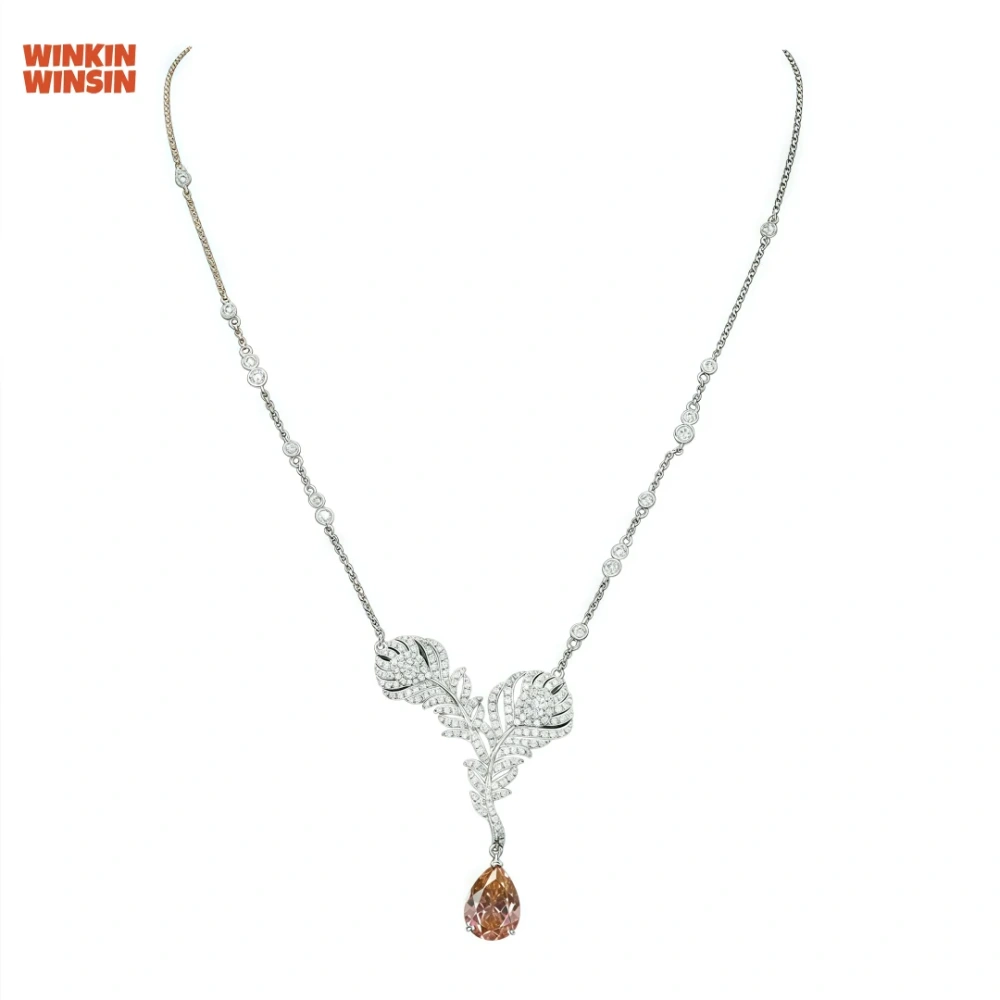 WINKIN WINSIN Brand Women 925 Sterling Silver Necklaces Pendants High Carbon Diamond Gemstones Feather Necklace Pendant Jewelry