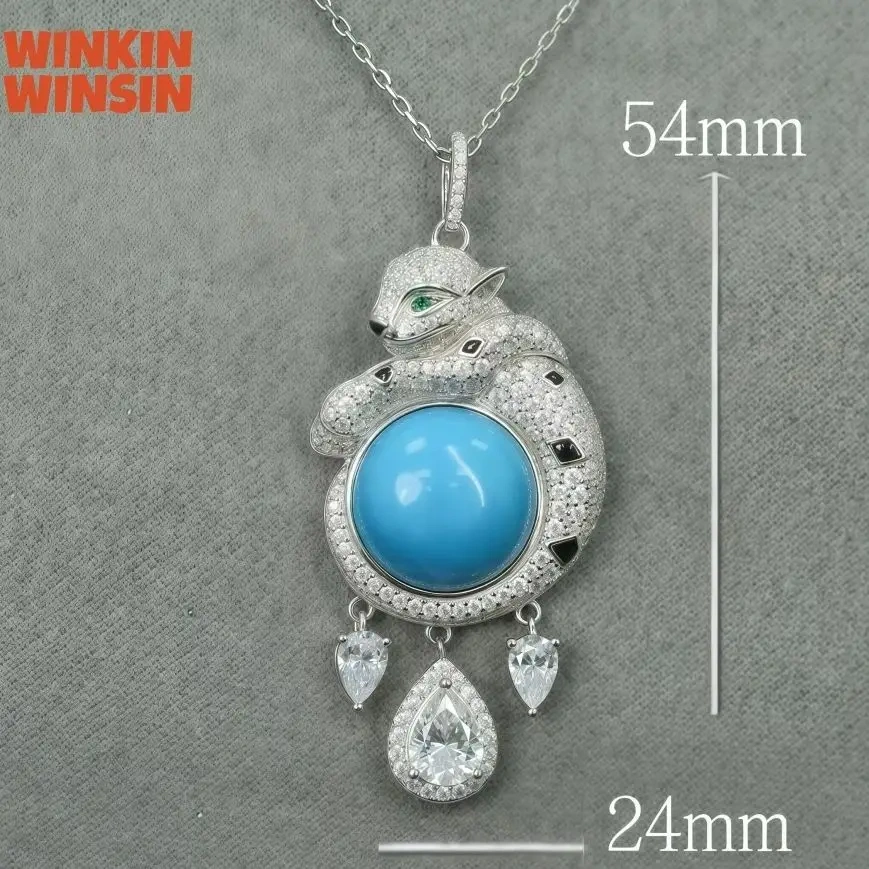 WinkinWinsin Brand 925 Sterling Silver Necklace Pendants Blue Turquoise Gemstones Cheetah Leopard Pendant Necklace Jewelry Women