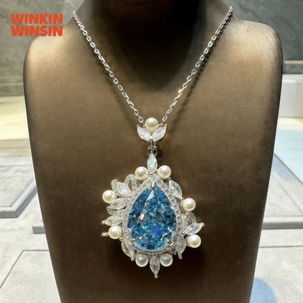 WINKIN WINSIN Brand MST 14.5ct Artificial Sapphire Lab Grown High Carbon Diamond Water Droplet Pendants Necklaces Jewelry