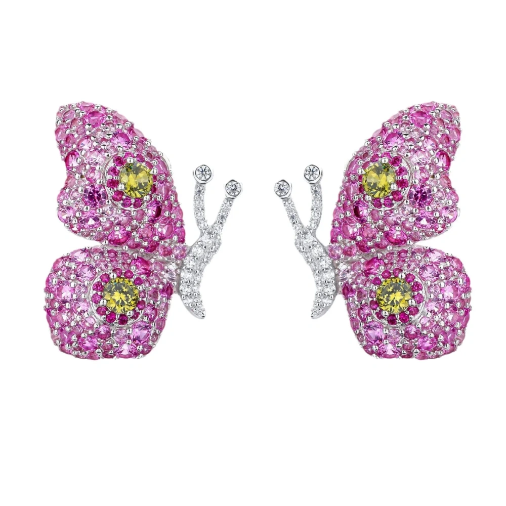 WINKIN WINSIN Luxury 925 Sterling Silver Stud Earrings For Women High Carbon Diamond Pink Blue Butterfly Earrings Stud Jewelry