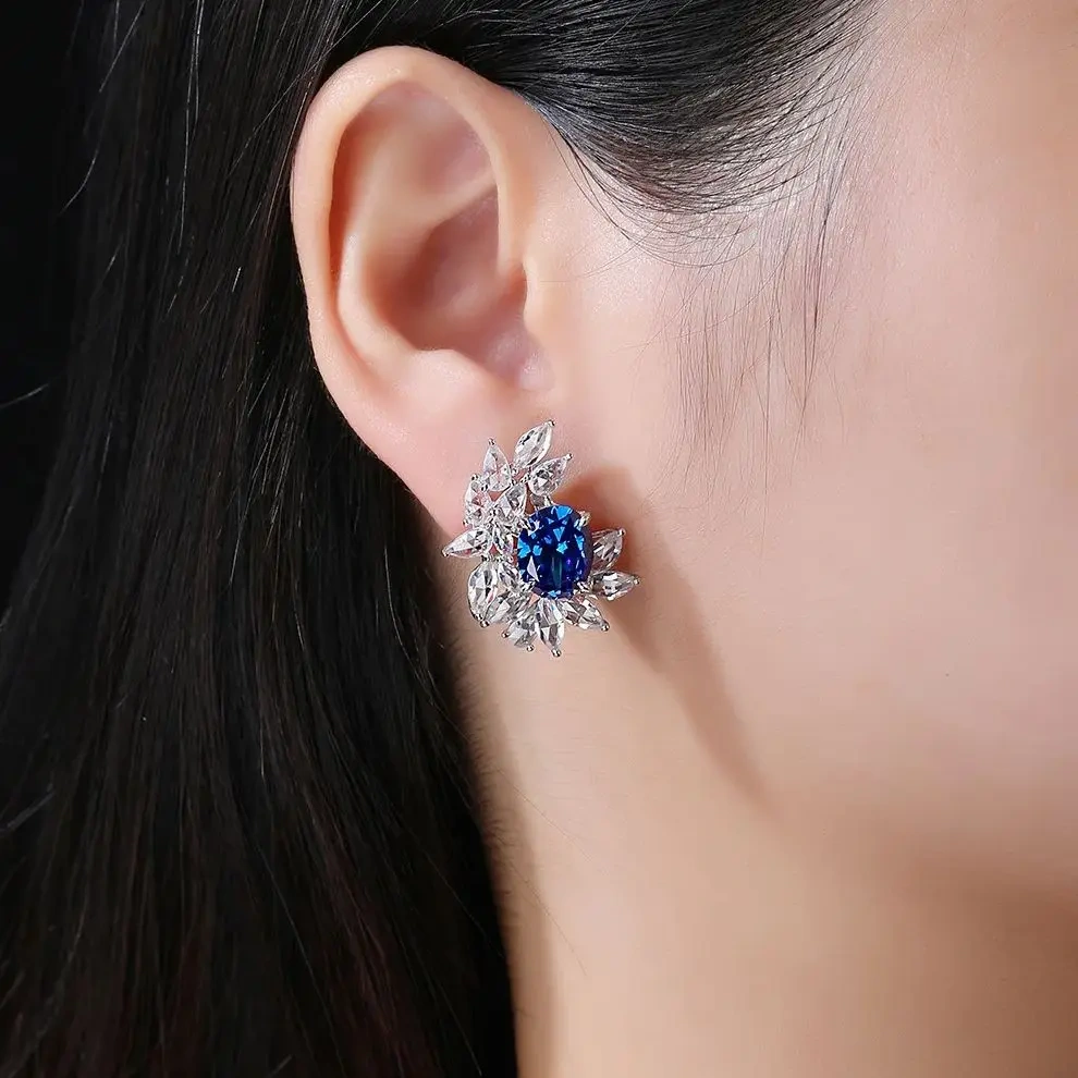 WINKIN WINSIN Brand MST 925 Sterling Silver Flower Earrings High Quality Lab Grown Blue Gemstones Stud Earrings Jewelry