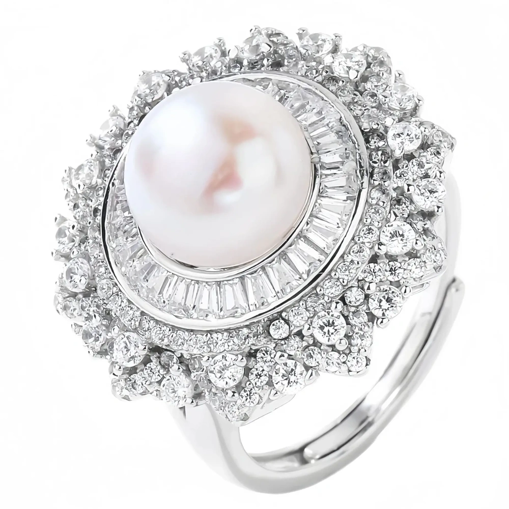 WINKIN WINSIN Brand MST 925 Sterling Silver Natural Pearl Open Ring Lab Grown High Carbon Diamond Rings Jewelry