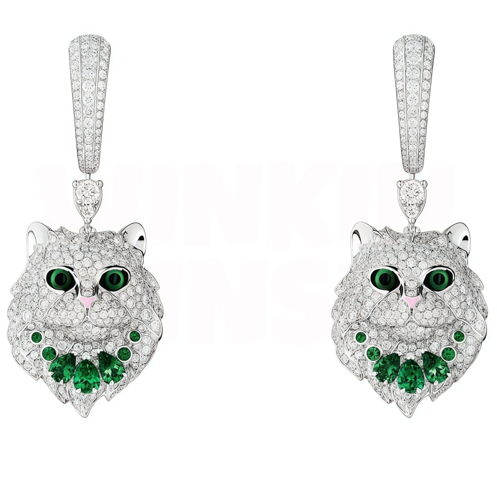 WinkinWinsin Luxury Brand Drop Earrings S925 925 Sterling Silver Animal Face Cat Stud Earrings For Women Green Gemstones Jewelry