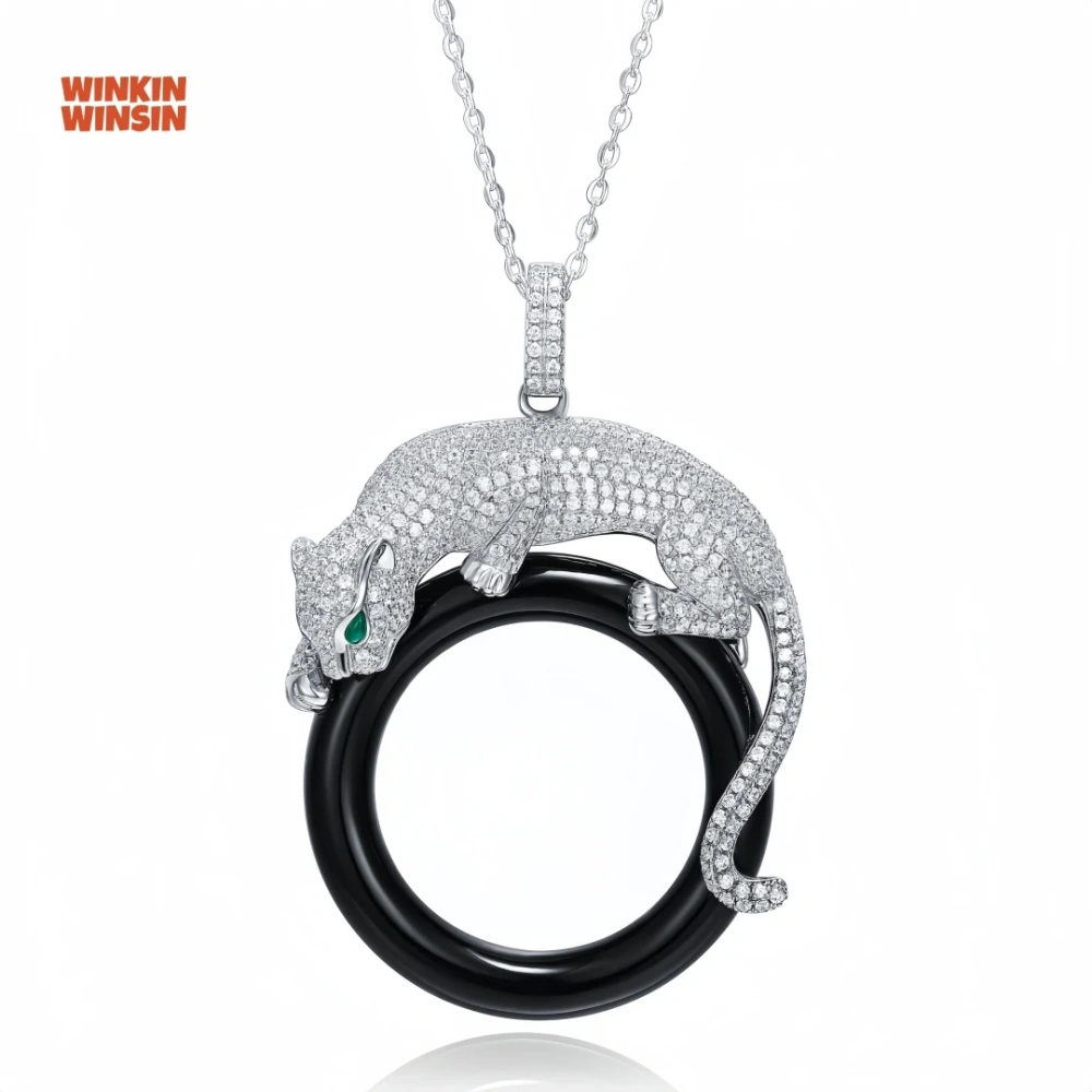 WINKIN WINSIN Brand Carbon Diamond Cheetah Enamel Gemstones Women Leopard Pendant 925 Sterling Silver Necklace Pendants Jewelry