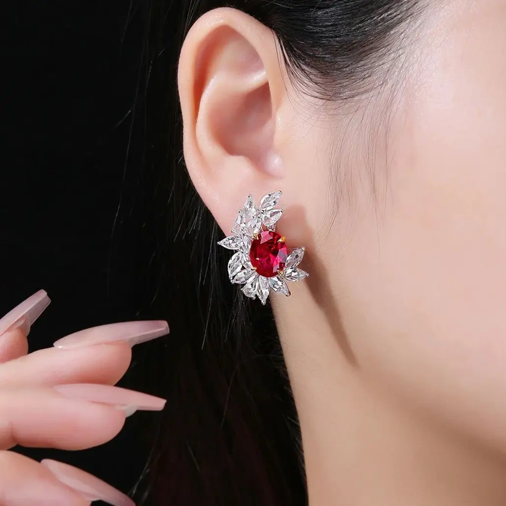 WINKIN WINSIN Brand MST 925 Sterling Silver Flower Earrings High Quality Lab Grown Gemstones Ruby Stud Earrings Jewelry