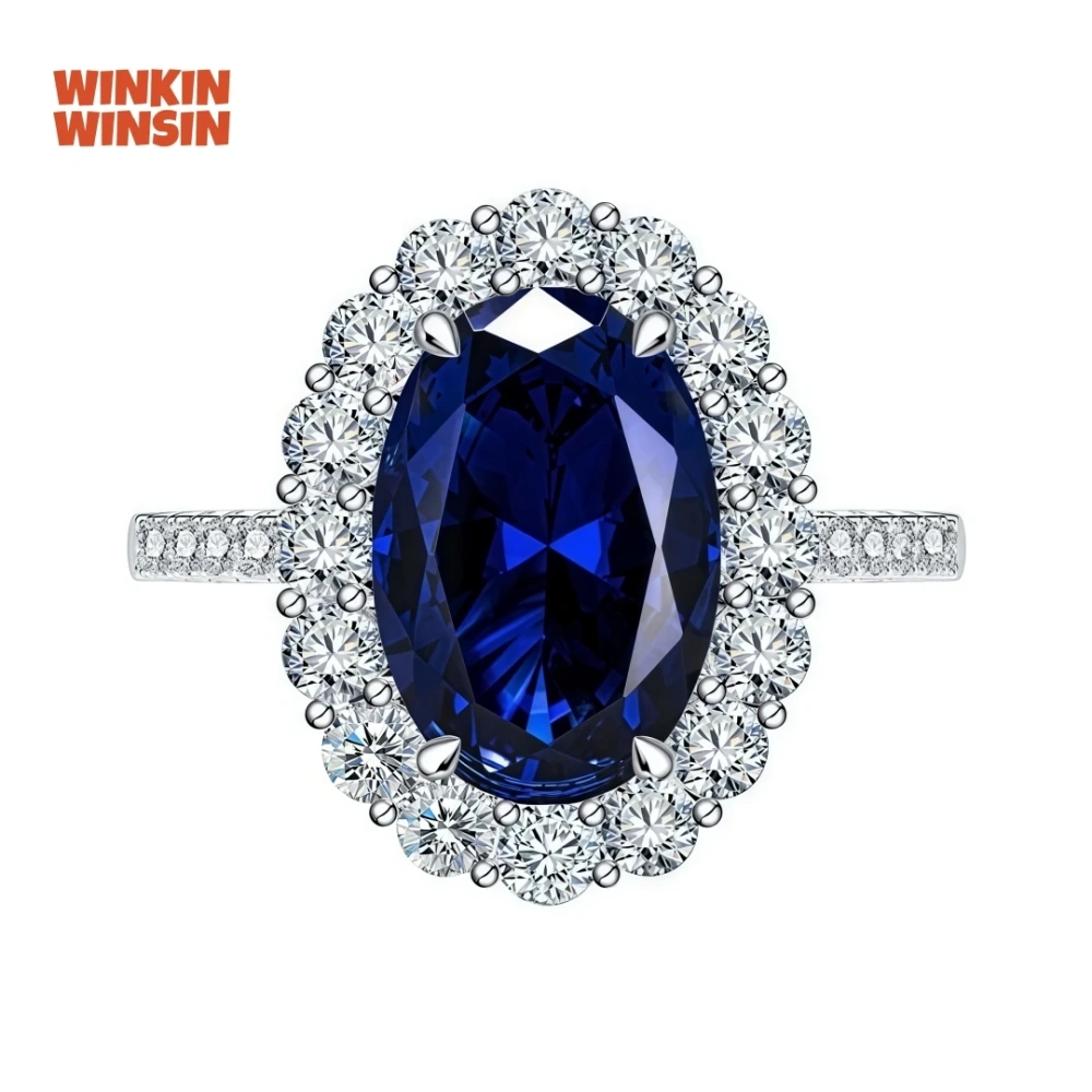 WINKIN WINSIN Brand MST 925 Sterling Silver Lab Grown Gemstones 4.4 Carat Elliptical Artificial Sapphire Diamond Rings Jewelry