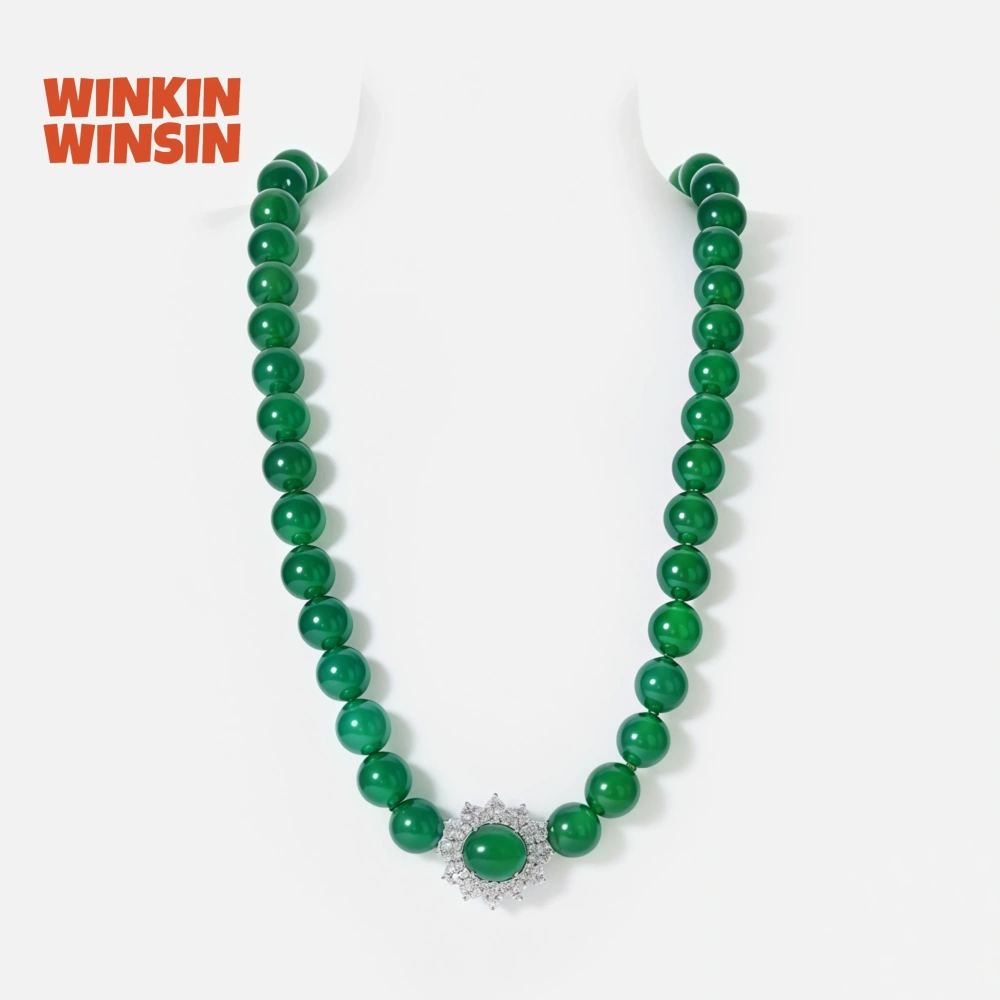 WINKIN WINSIN Brand MST Natural Green Agate Necklace S925 Silver Gold-Plated High Carbon Diamond 12mm Bead Necklace Jewelry