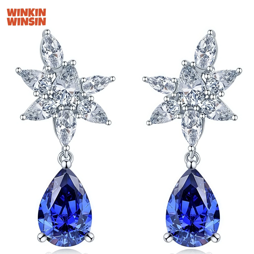 Winkin Winsin Brand Real 925 Sterling Silver Stud Earrings For Women High Carbon Diamond Blue Gemstones Drop Earring Jewelry