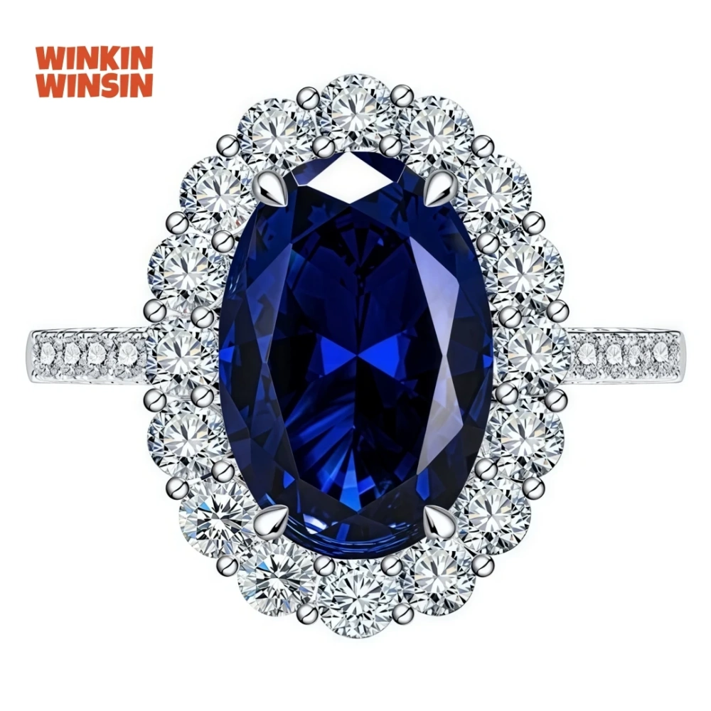 WINKIN WINSIN Brand MST 925 Sterling Silver Lab Grown Gemstones 4.4 Carat Elliptical Artificial Sapphire Diamond Rings Jewelry