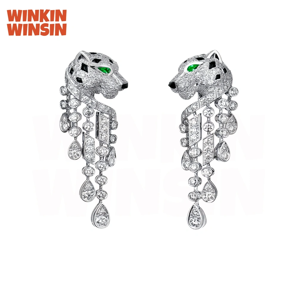 Winkin Winsin Brand Luxury Enamel Jaguar Leopard 925 Sterling Silver Tassel Earrings Jewelry Blue Gemstones Stud Drop Earrings