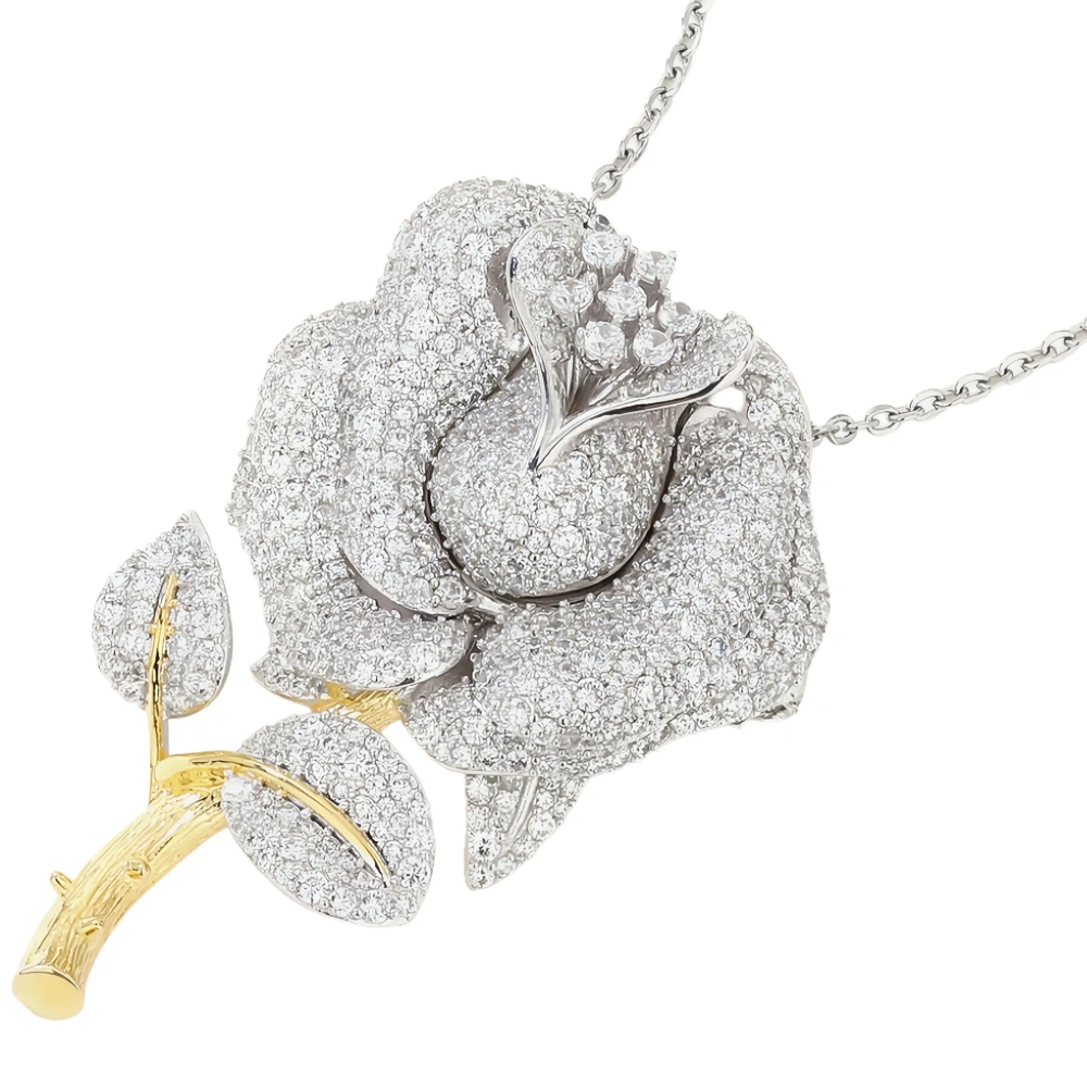 WinkinWinsin Rare 3D Craft 925 Sterling Silver Brooches Women Rose Flower Brooch 24K Gold Plated Brooch Necklace Pendant Jewelry