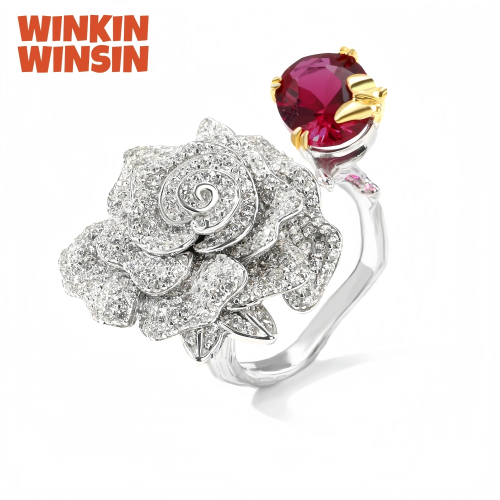 WINKIN WINSIN Brand MST 925 Sterling Silver Rose 18K Gold Plated Zircon Open Ring Lab Grown Gemstones Diamond Rings Fine Jewelry