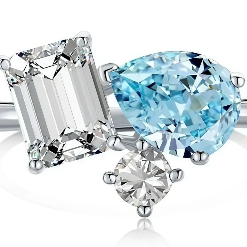WINKIN WINSIN Brand MST 925 Sterling Silver Double Tone Artificial Gemstone High Carbon Diamond Water Droplet Ring Jewelry