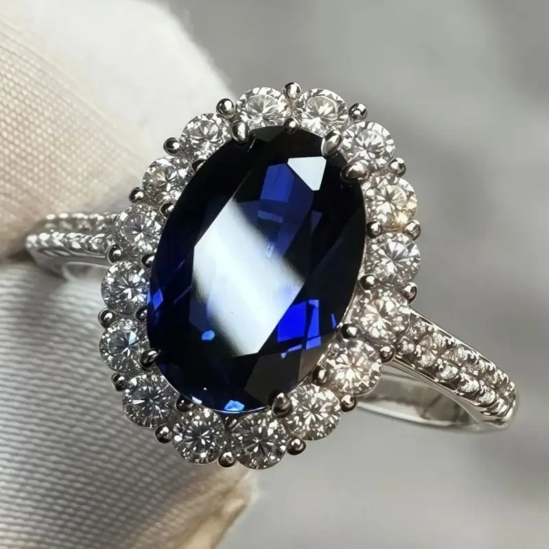 WINKIN WINSIN Brand MST 925 Sterling Silver Lab Grown Gemstones 4.4 Carat Elliptical Artificial Sapphire Diamond Rings Jewelry