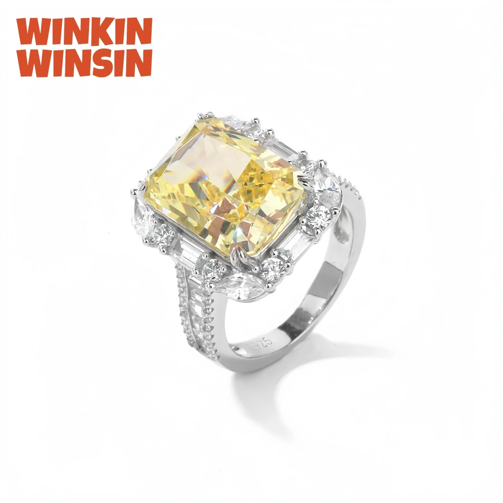 WINKIN WINSIN Brand 925 Sterling Silver Square Yellow Diamond Ring High Carbon Diamond Lab Grown Gemstones Rings Fine Jewelry