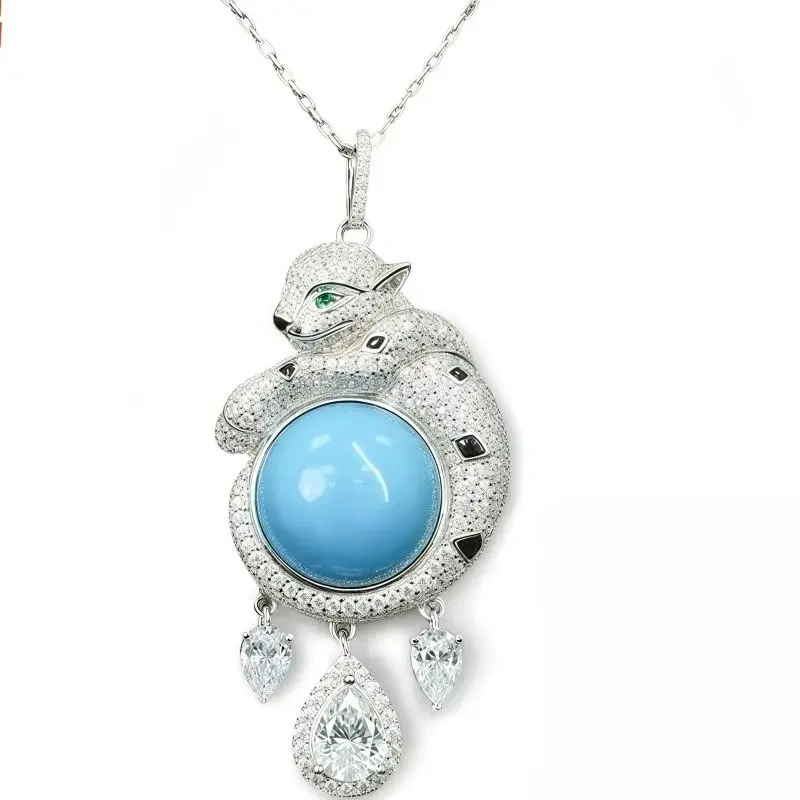 WinkinWinsin Brand 925 Sterling Silver Necklace Pendants Blue Turquoise Gemstones Cheetah Leopard Pendant Necklace Jewelry Women
