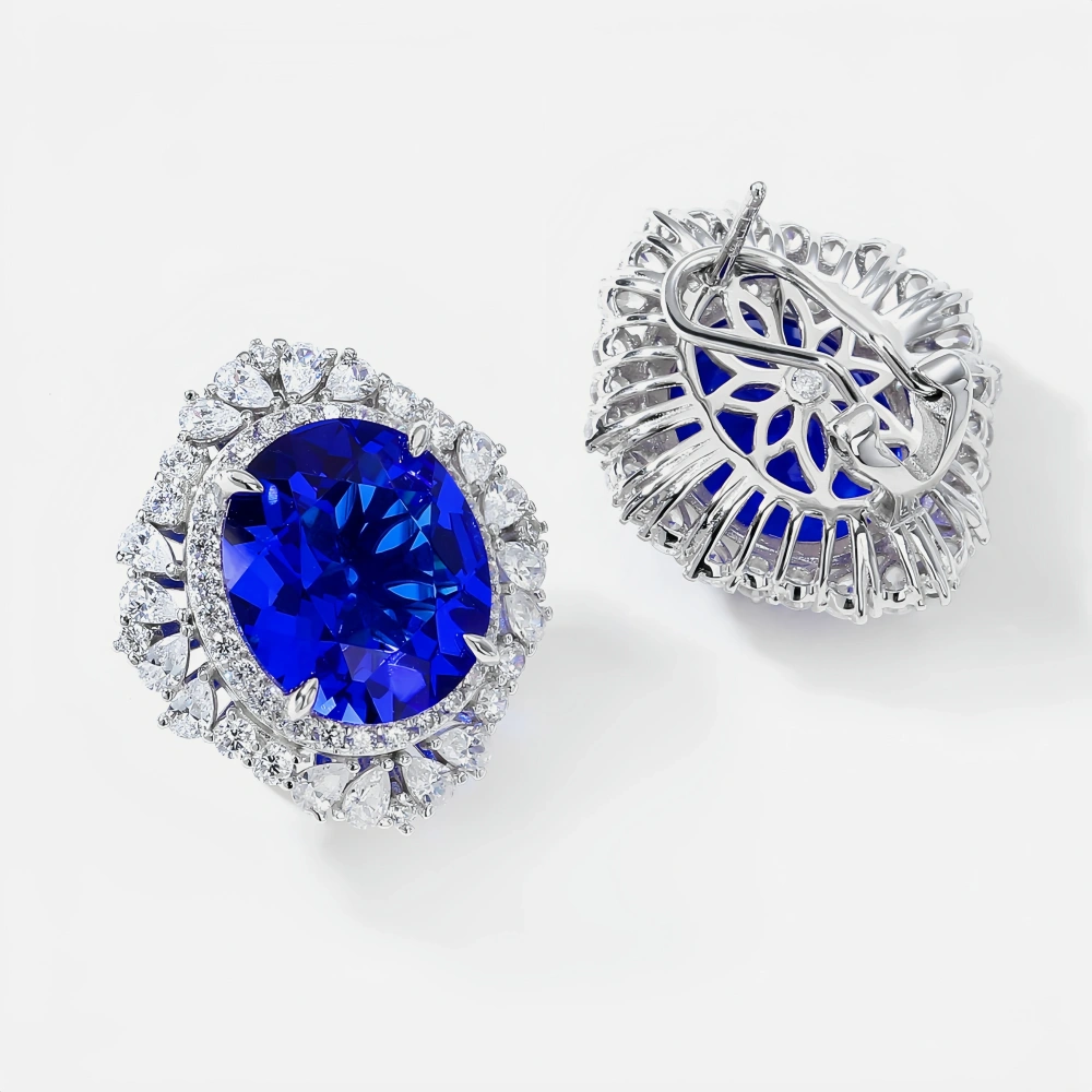 WINKIN WINSIN Brand MST 925 Sterling Silver Earrings Lab Grown Gemstones Quadrilateral Sapphire Diamond Stud Earrings Jewelry