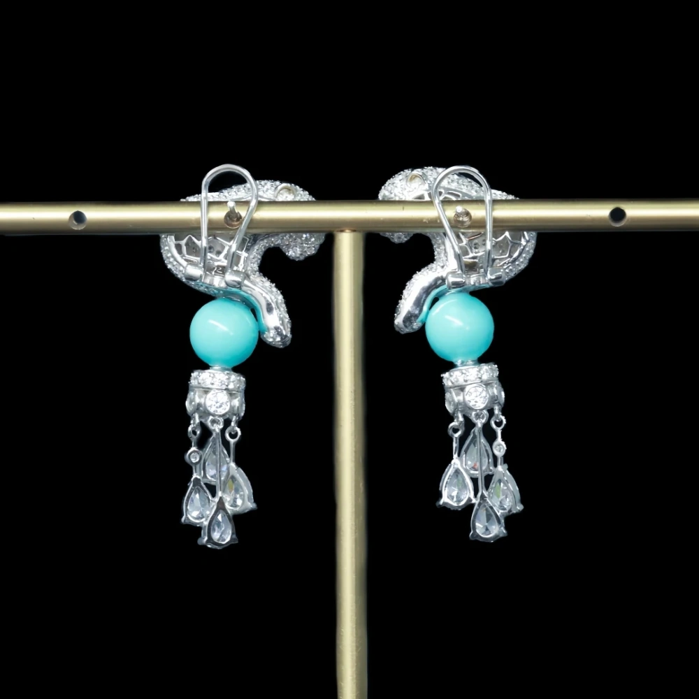 WinkinWinsin Brand s 925 Sterling Silver Leopard Earrings Carbon Diamond Blue Turquoise Gemstones Tassel Drop Earrings Jewelry
