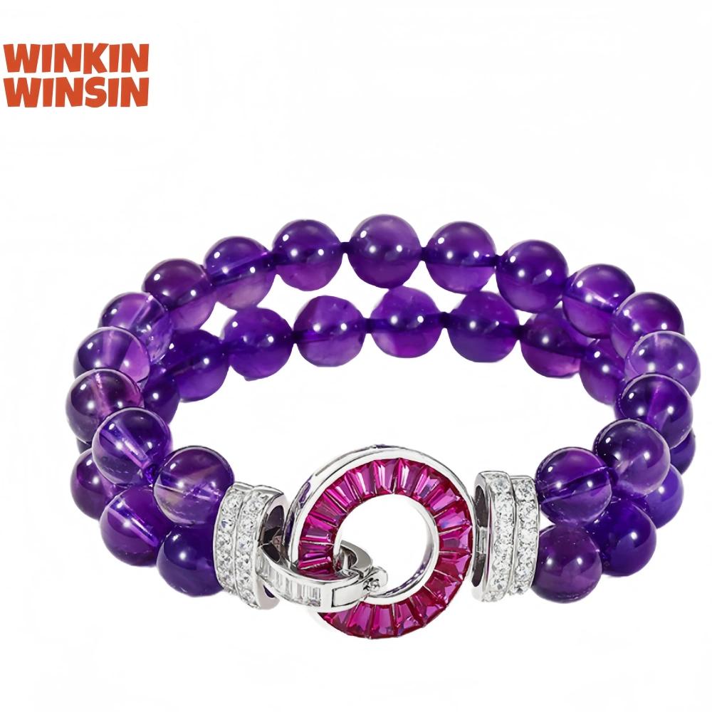 WINKIN WINSIN Brand MST Natural Amethyst Bracelet Light Luxury S925 Silver Gold Plated High Carbon Diamond 8mm Jewelry